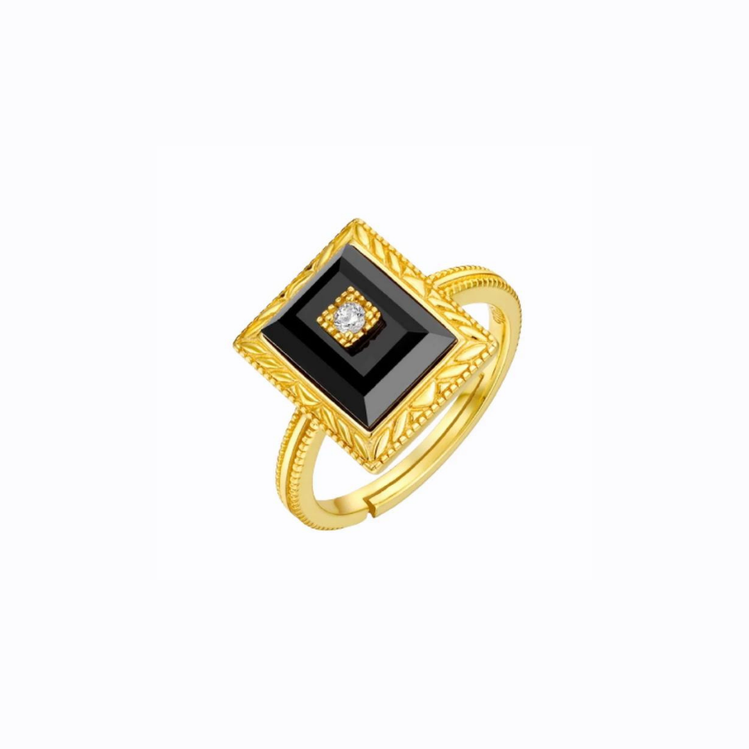 Black and Gold Agate Square Ring