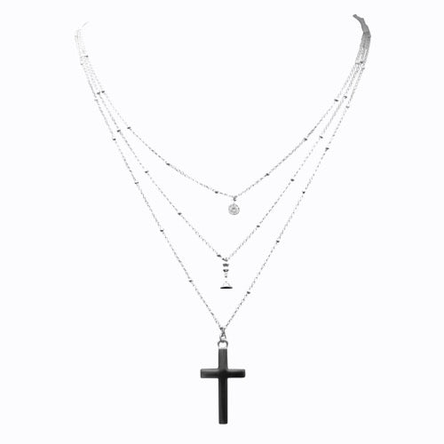 Triple Layer Necklace, Pave + Queen + Cross, Layering Set, Silver