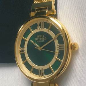 The Greenwich. Gold Strap With Gold Bezel And Emerald Dial