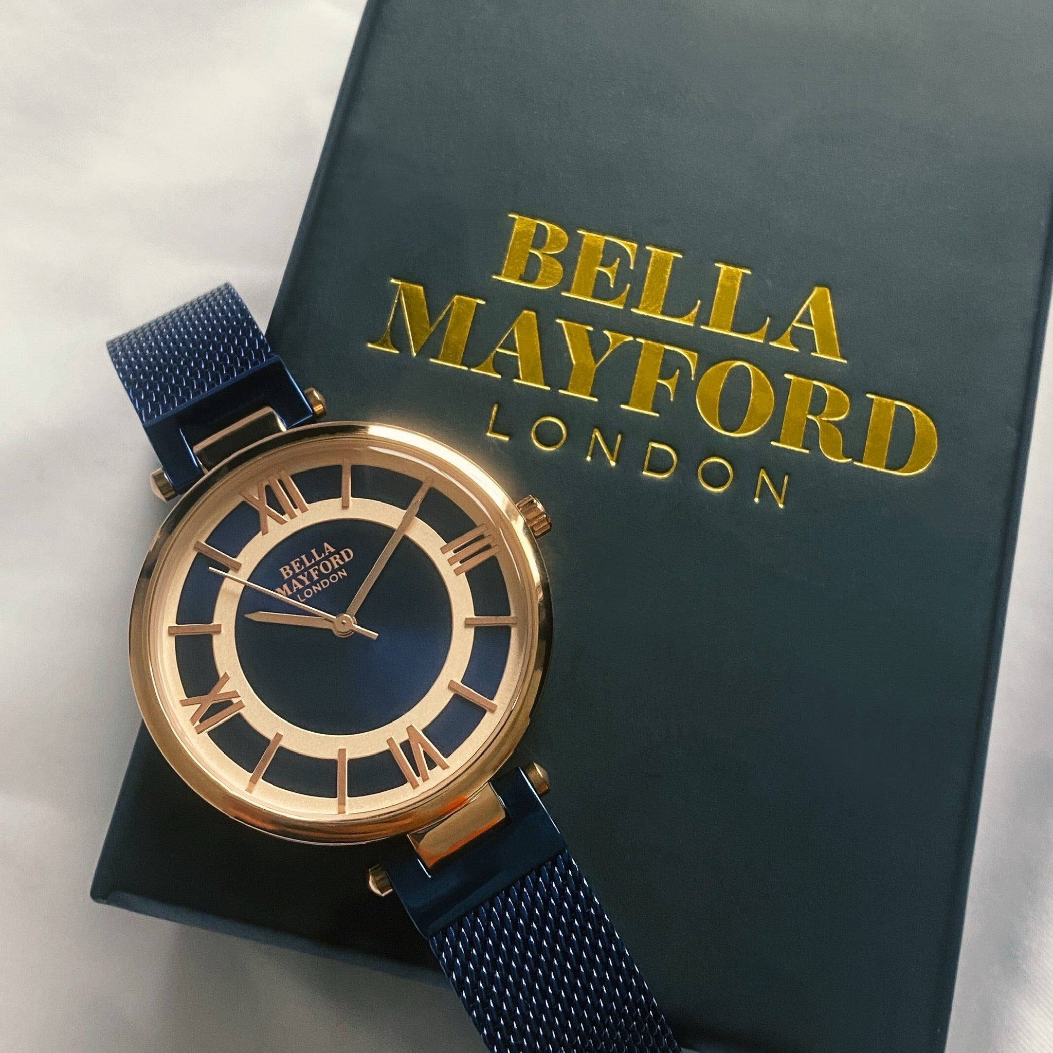The Greenwich. Blue Strap With Rose Gold Bezel And Blue Dial