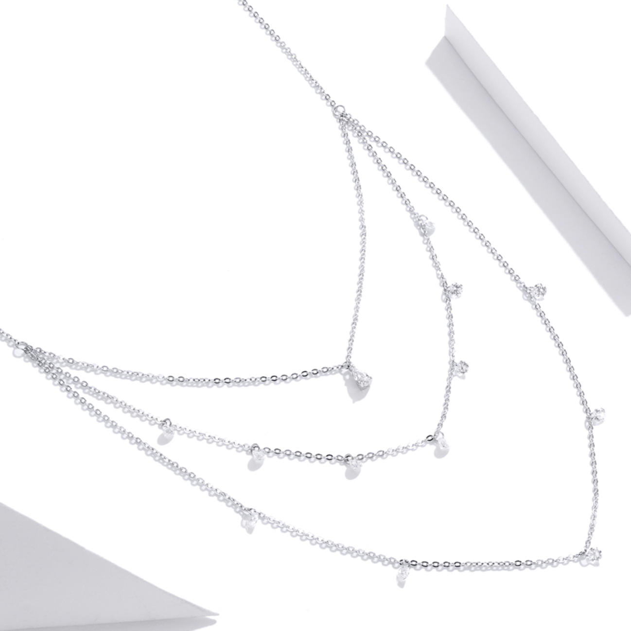 White Stones, Triple Layer Necklace, Sterling Silver