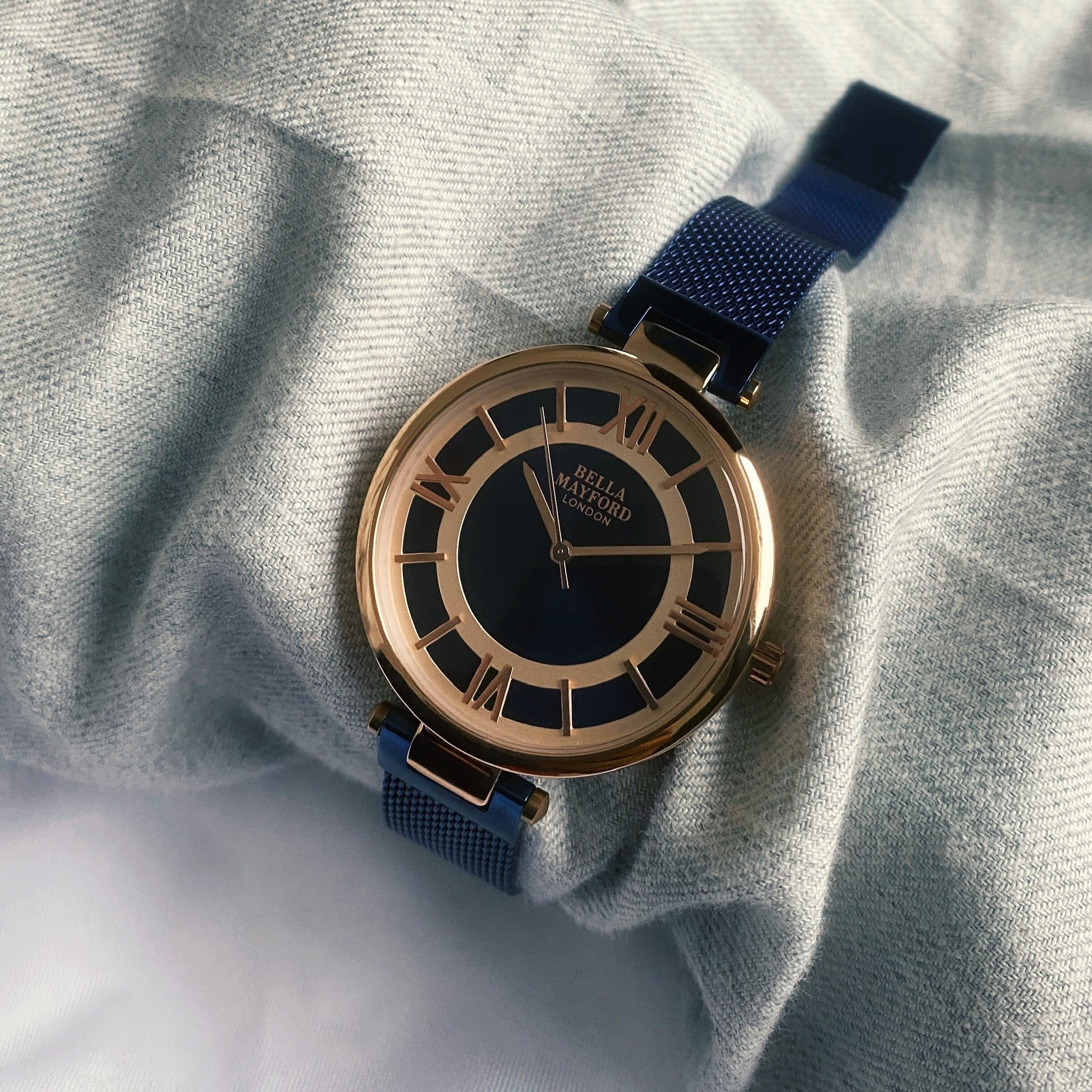 The Greenwich. Blue Strap With Rose Gold Bezel And Blue Dial