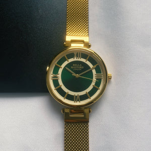 The Greenwich. Gold Strap With Gold Bezel And Emerald Dial