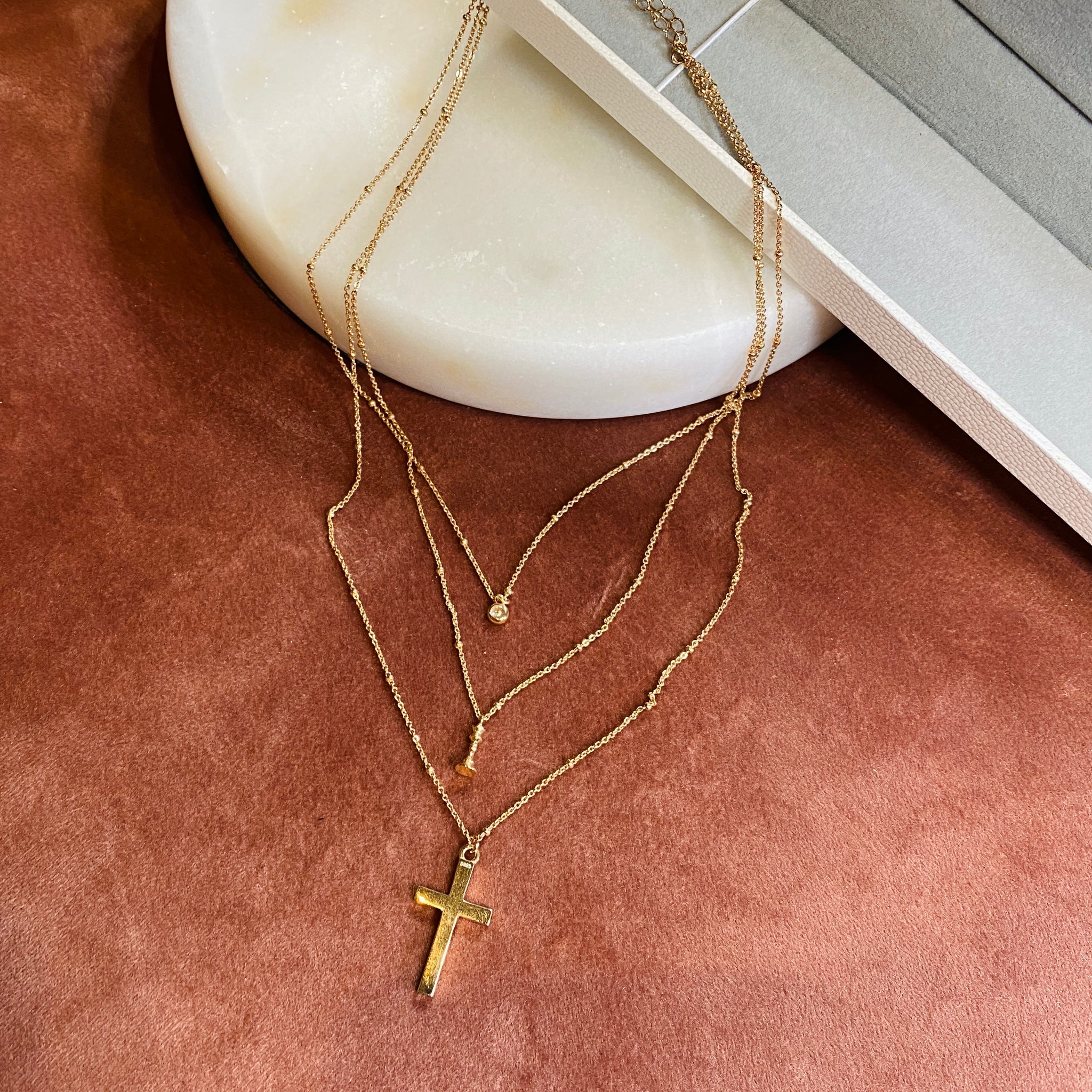 Triple Layer Necklace, Pave + Queen + Cross, Gold - Bella Mayford
