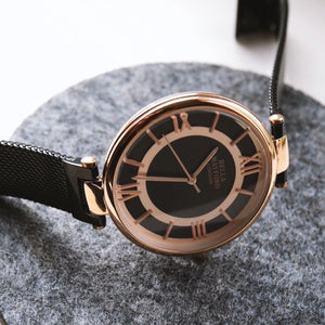 The Greenwich. Black Strap with Rose Gold Bezel and Black Dial