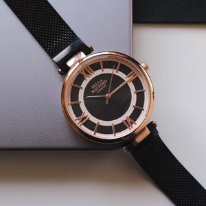 The Greenwich. Black Strap with Rose Gold Bezel and Black Dial