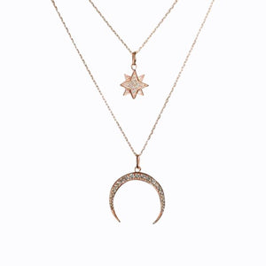 Pavé Starburst + Crescent Moon Necklace, Rose Gold