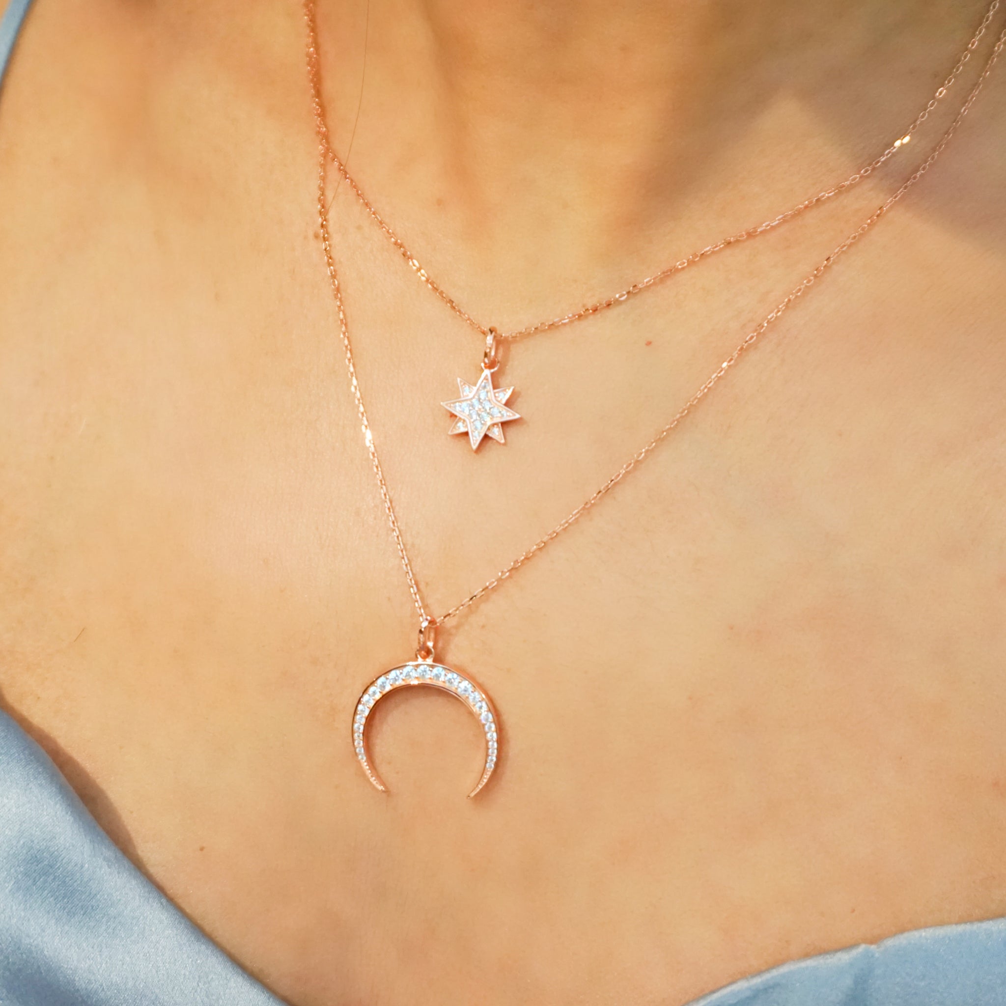 Pave Starburst + Crescent Moon Necklace, Rose Gold - Bella Mayford