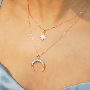 Pave Starburst + Crescent Moon Necklace, Rose Gold - Bella Mayford