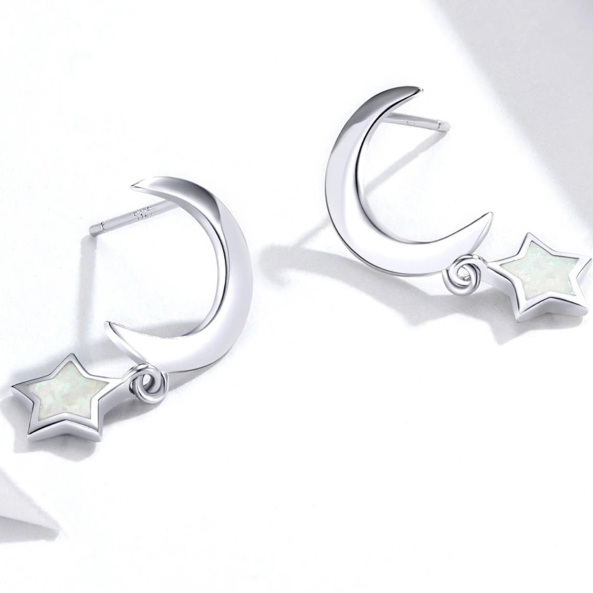 Moon And Hanging Star Earrings, Sterling Silver