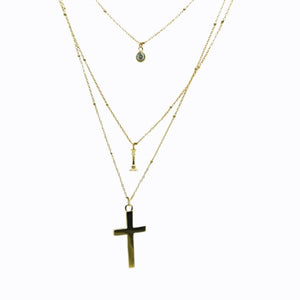 Triple Layer Necklace, Pave + Queen + Cross, Layering Set, Gold