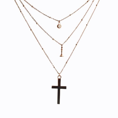 Triple Layer Necklace, Pave + Queen + Cross, Layering Set, Rose Gold