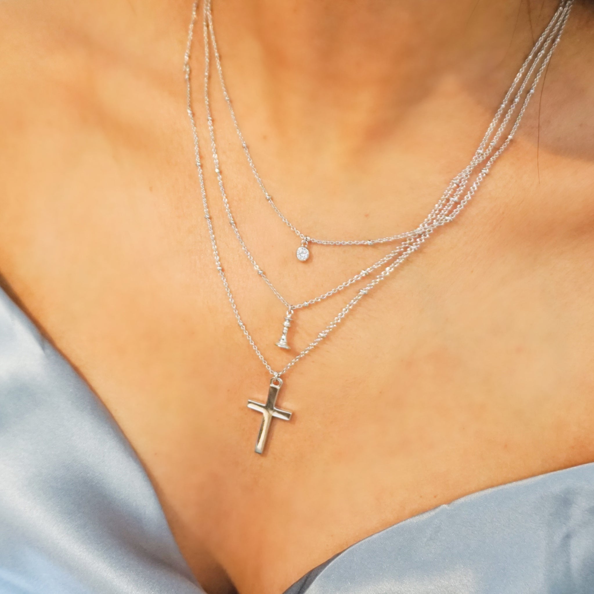 Triple Layer Necklace, Pave + Queen + Cross, Silver - Bella Mayford