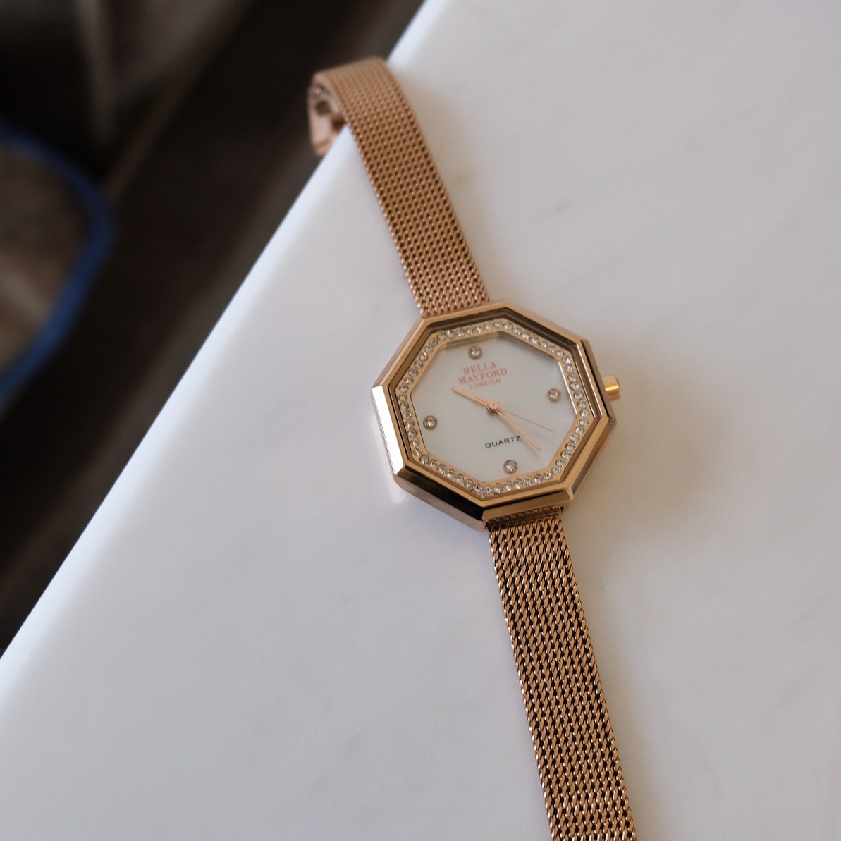 The Mayfair. Rose Gold Stainless Steel Strap And Bezel With Mother Of Pearl Dial