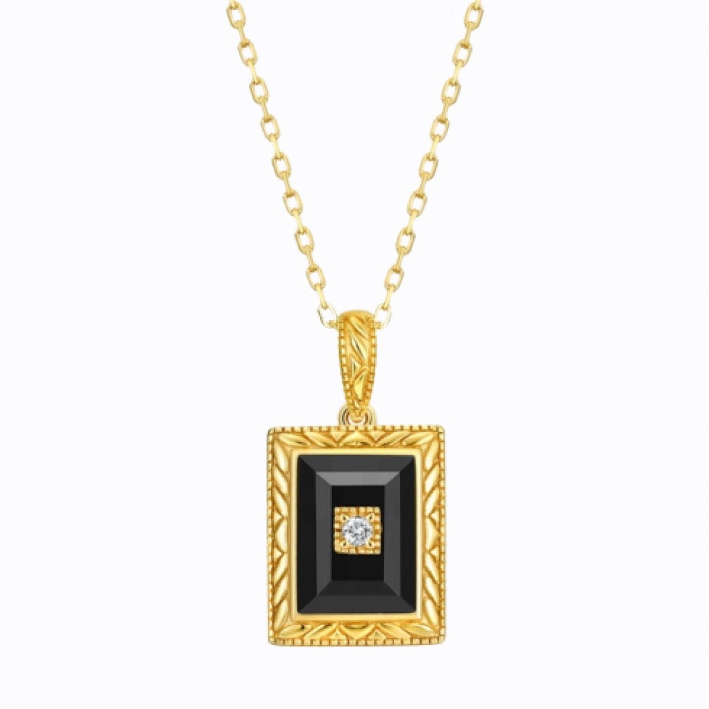 Black and Gold Agate Square Statement Pendant Necklace