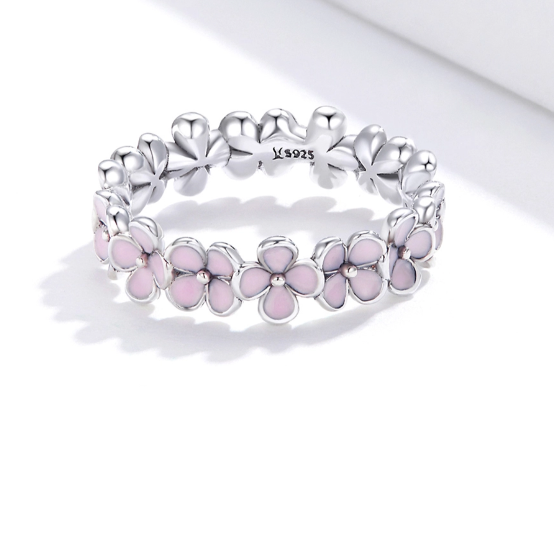 Pink Flower Ring, Enamel + Sterling Silver