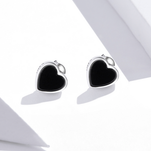 Black Agate Heart Stud Earrings, Sterling Silver