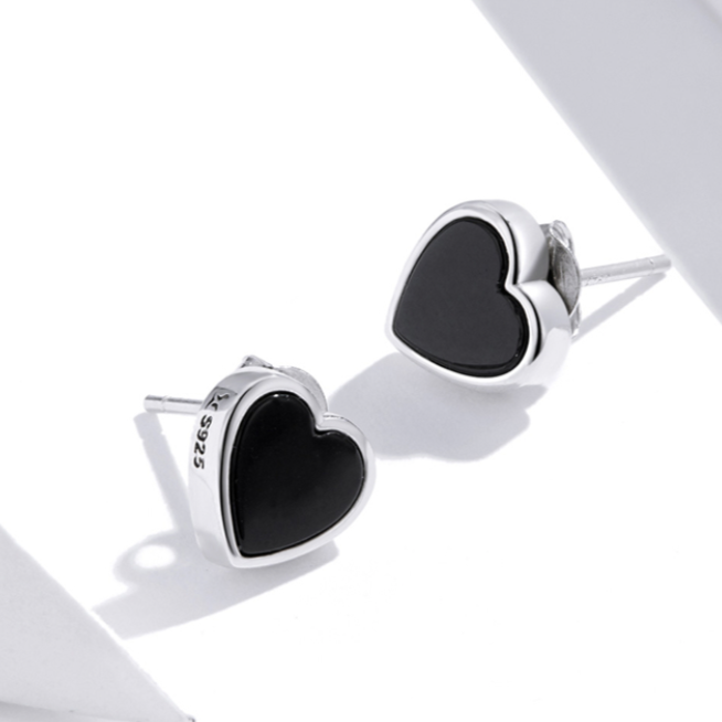 Black Agate Heart Stud Earrings, Sterling Silver