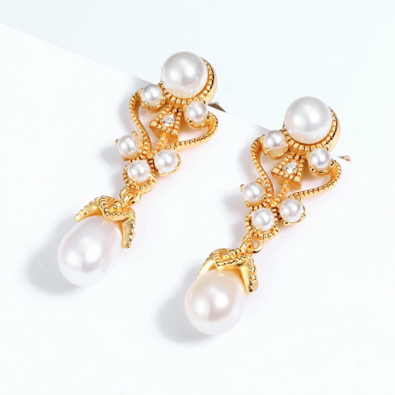 Elegant Lady Pearl Drop Earrings,  14ct Gold Plate