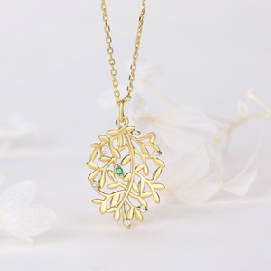 Tree Of Life With Emerald Heart Pendent,14K Gold Plate
