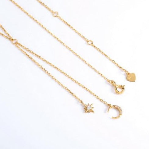 Moon And Star Lariat Double Drop Necklace, 14ct Gold Plate