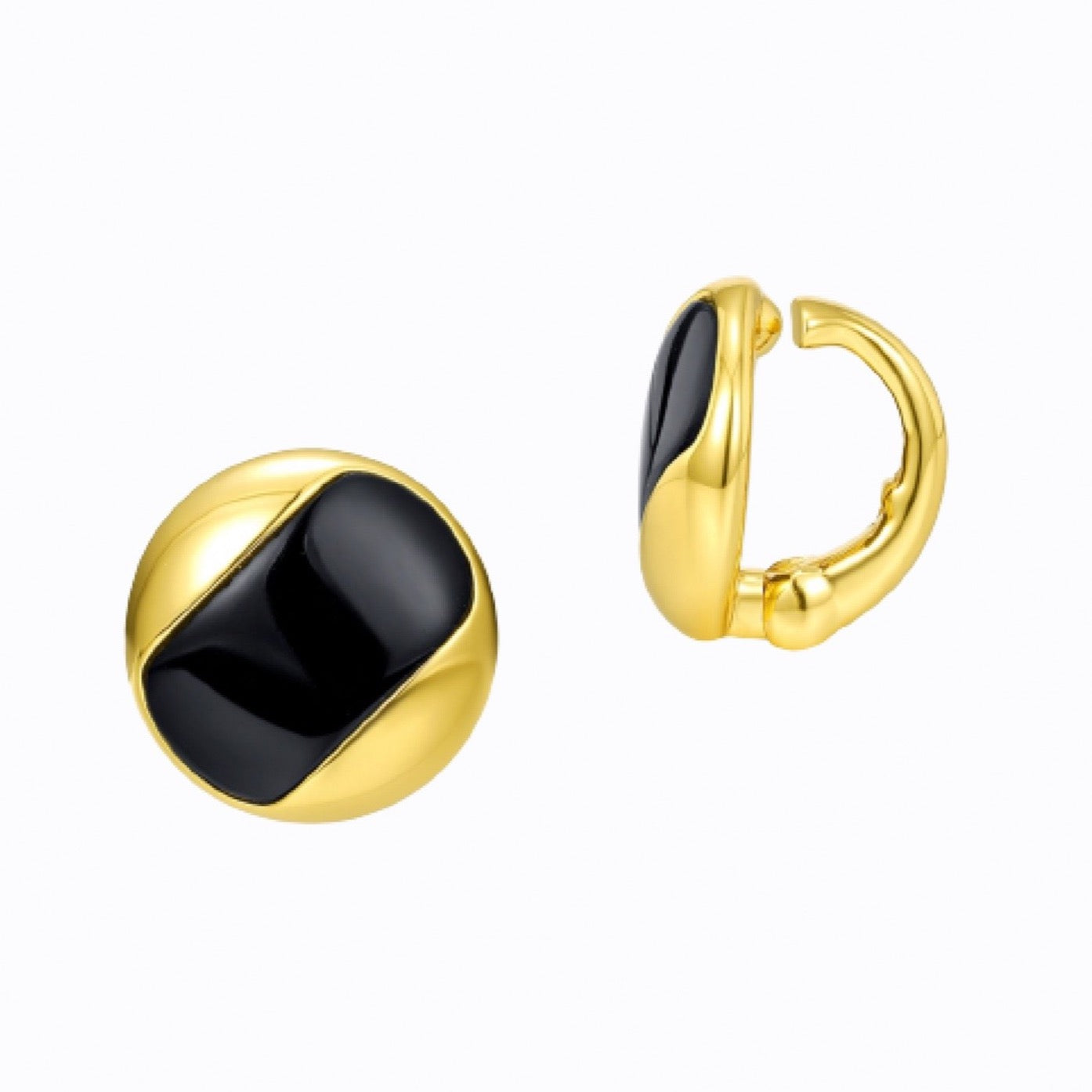 Black and Gold Agate Hoop Clip Earrings