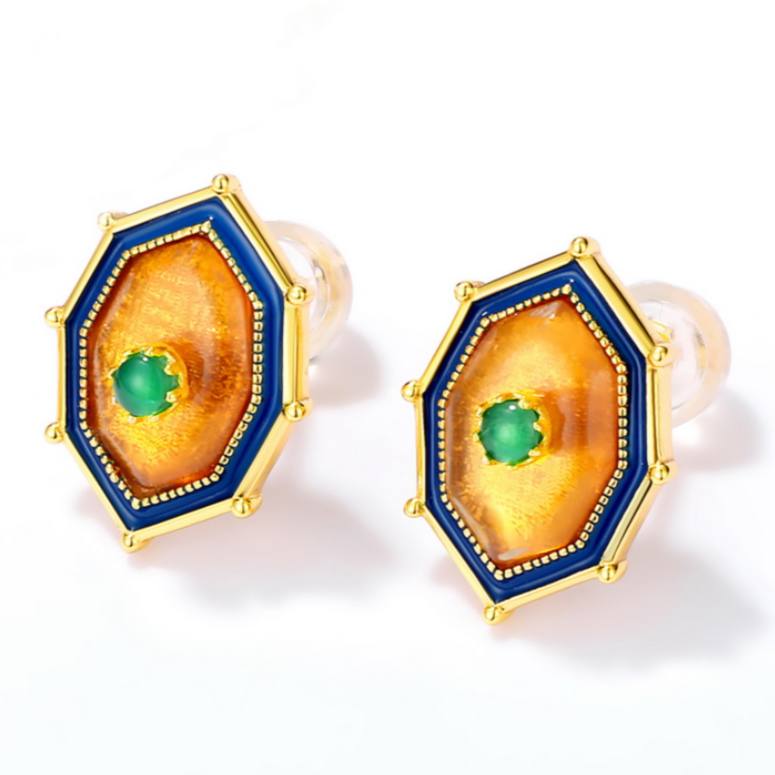Ablaze Stud Earrings With Amber And Green Agate,  14ct Gold Plate