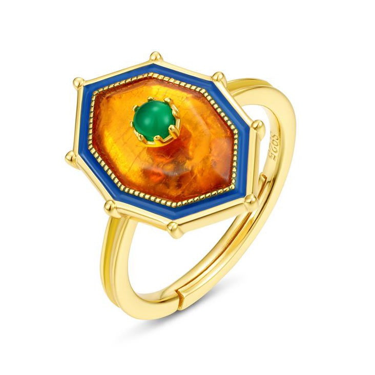 Ablaze stud Ring with Amber and Green Agate, 14ct Gold Plate BY BELLA MAYFORD