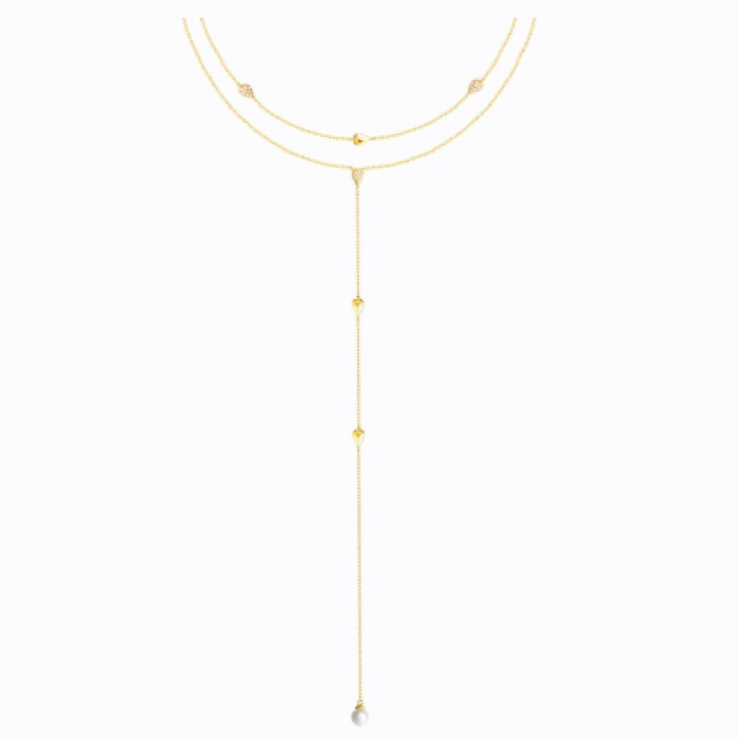 Heart and Pearl Lariat Layer Necklace, 18ct Gold Plate