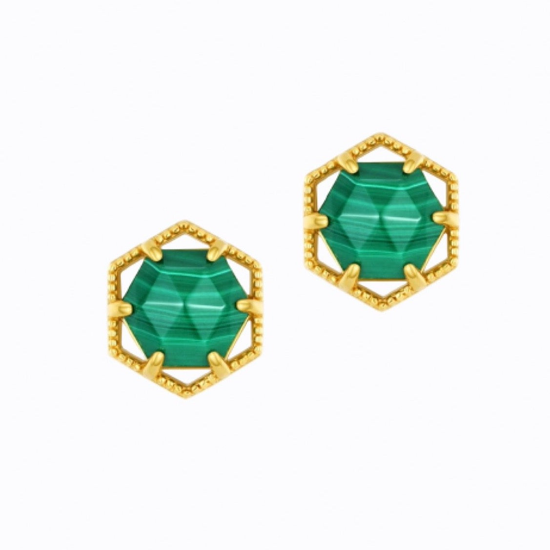 Siren Hexagon Malachite Stud Earrings, 14K Gold Plate