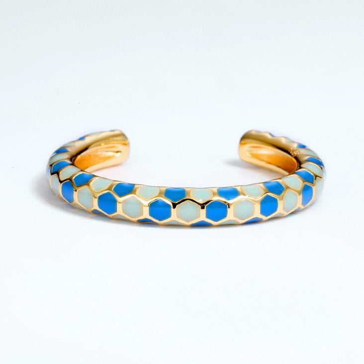 Honeycomb Blue Enamel Open Ring, 14ct Gold Plate