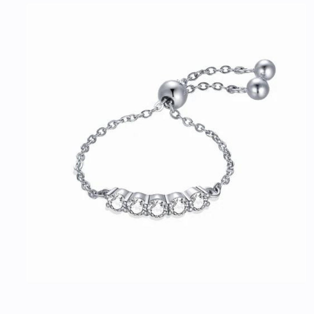 Adjustable 5 stone Chain Ring, Sterling Silver