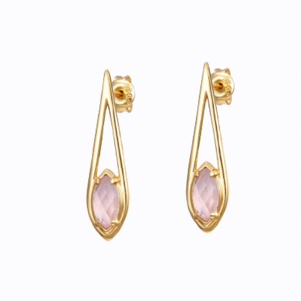 Hanging Raindrop Pink Gemstone, Earrings, 14ct Gold Plate