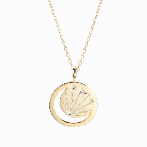 Round Gold Moon Star + Coin Pendant, 14ct Gold Plate