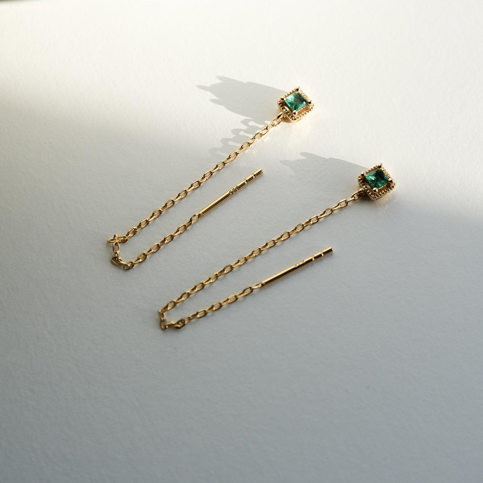 Emerald Square Stone, Chain Earrings