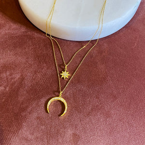 Pavé Starburst + Crescent Moon Necklace, Gold - Bella Mayford