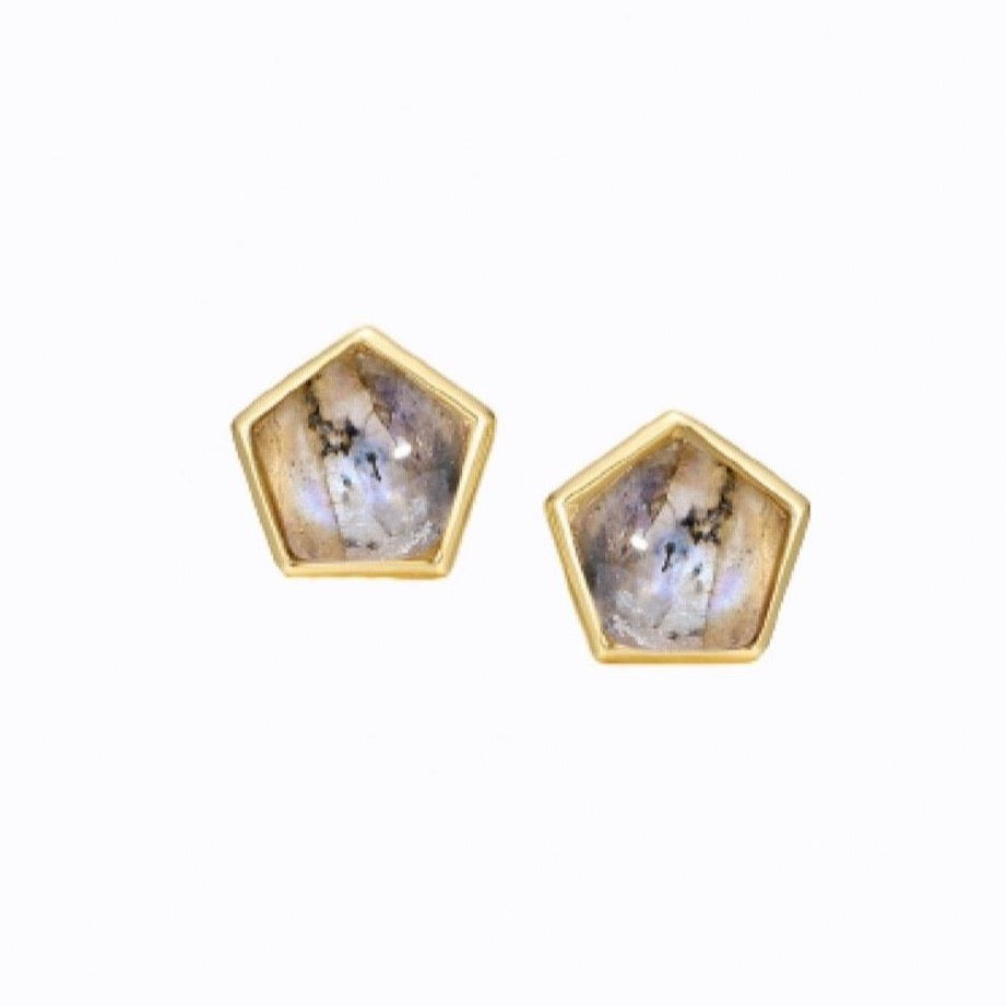 Pentagon Labradorite Stud Earrings, 14CT Gold Earrings