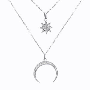 Pavé Starburst + Crescent Moon  Necklace, Sterling Silver